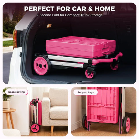 Collapsible Shopping Cart Platform Hand Truck with one button fold in pink, stored compactly in car trunk and beside a sofa