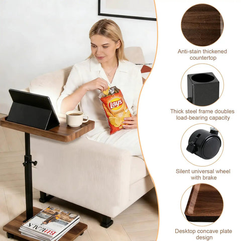 Slim C Shaped End Table With Adjustable Height And 360 Degree Swivel Mobile Laptop Desk On Wheels next to sofa with snacks
