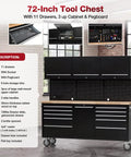 Badass Rolling Tool Chest With Eleven Deep Drawers Plus Three Extra Upper Cabinets Seventy Two Inch Black Steel Workshop Storage Cart Built To Handle The Daily Grind, showcasing the top cabinets and pegboard.