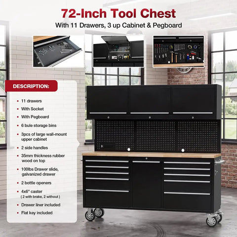 Badass Rolling Tool Chest With Eleven Deep Drawers Plus Three Extra Upper Cabinets Seventy Two Inch Black Steel Workshop Storage Cart Built To Handle The Daily Grind, showcasing the top cabinets and pegboard.