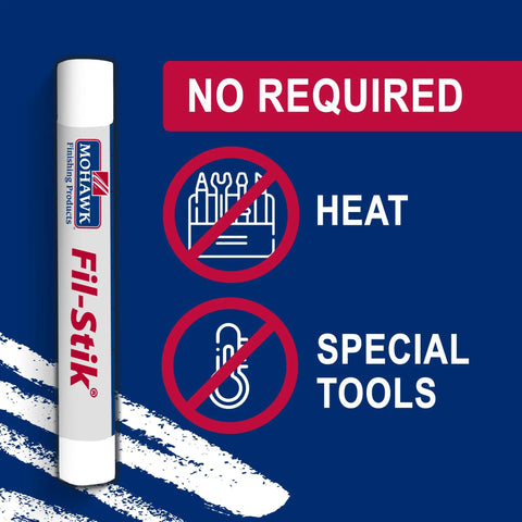 Fill Stick Wood Filler Crayon 12 Pack Assorted Colors showing no heat or special tools required for easy use.