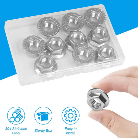 10 Pack M10 Serrated Flange Hex Nuts 1.5mm Pitch, 304 Stainless Steel Full Thread Lock Nuts shown in clear box and hand