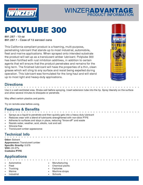 Product information sheet for Polylube 300 PTFE Clear Gel Lubricant Aerosol Bundle Two 13 Oz Cans with product image.