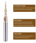 SpeTool carbide ball-nose router bit, close-up view with gold flutes and silver shank for wood carving
