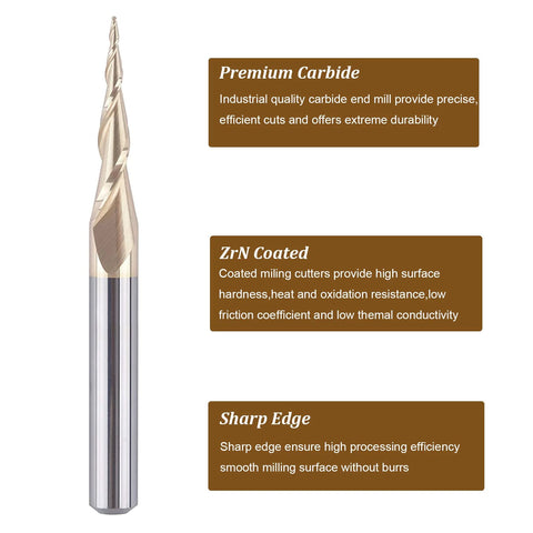 SpeTool carbide ball-nose router bit, close-up view with gold flutes and silver shank for wood carving