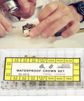 Watch Stem Extender And Crown Repair Kit With Box, Replacement Tool Set for watch repair shown on table with hands.