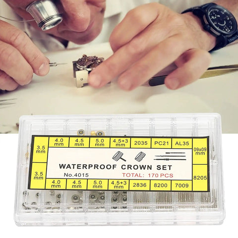 Watch Stem Extender And Crown Repair Kit With Box, Replacement Tool Set for watch repair shown on table with hands.