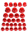 Red ABS Hex Socket Screw Cover Kit For Motorcycle Fairings And Frames, 30 Piece Assorted Set In M8 M10 M14 Sizes, High Gloss Finish, Rust Resistant Bolt Nut Caps To Spruce Up Your Ride. 30 red hex screw covers on white background