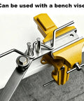 Solid As A Rock Manual Rebar Bender And Compact Pipe Wire Shaping Tool attached to a bench vise for shaping metal rods.
