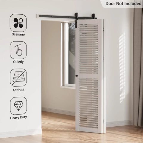 Heavy Duty Bi-Fold Barn Door Hardware Kit for Double Doors, 4 Ft 48 Inch Sliding Track System, Carbon Steel, Rust Resistant, Easy Install displayed with slatted door in home interior.