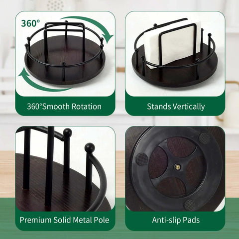 Four views of 9-Inch Rotating Napkin Holder And Condiment Organizer With 360 Degree Lazy Susan Turntable in Dark Brown.