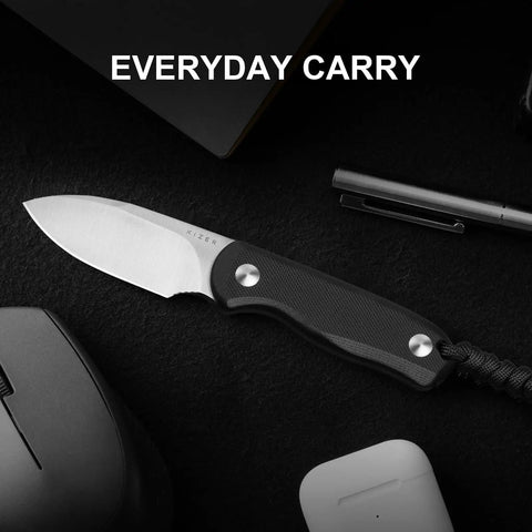 Drop Bear Fixed Blade Knife With 2.57 Inch D2 Satin Blade, Ultra Lightweight EDC Camping Knife With Black G10 Handle, on table