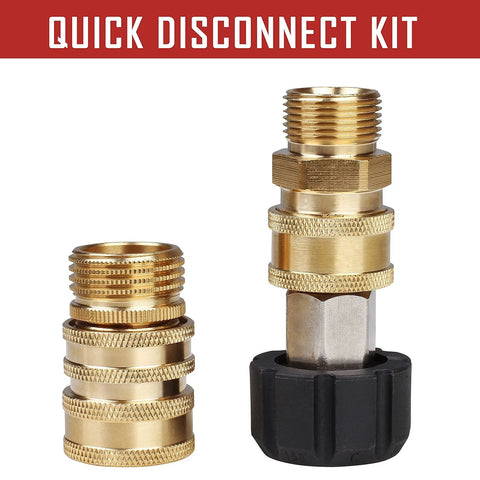 Brass pressure-washer quick-disconnect adapters; two stacked M22-to-M22 and 3/8 in quick-connect, knurled rings