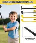 Child holding All-In-One Toddler Golf Set club, smiling; 4 upgraded soft-grip clubs displayed, for ages 3-8 indoor outdoor play.