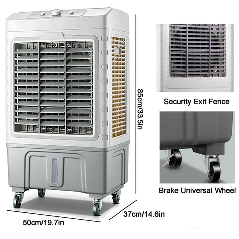 Portable Evaporative Air Conditioner With Remote And Wide Angle Oscillation Plus 3 In 1 Swamp Cooler And Humidifier Featuring 7 5 Hour Timer And Dual Cooling For Quick No Sweat Comfort Anywhere, displayed with dimensions.