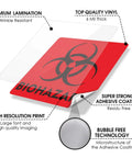 Detailed view of Heavy Duty 12 Pack Biohazard Stickers 6X6 Inches Real Thick Vinyl Decals featuring adhesive coating and premium lamination.
