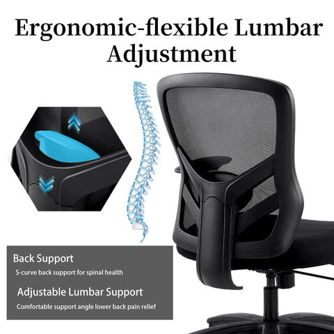 Big And Tall Office Chair Up To 500 Lbs With Adjustable Lumbar Support shown with ergonomic mesh back and spine illustration