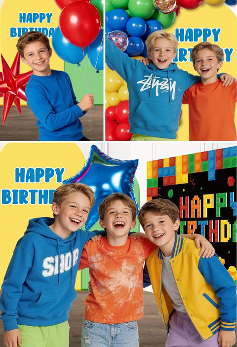 Nail The Party Vibe With This 310 Piece Building Block Birthday Decorations Kit Serving Twenty Five Guests Including Balloons Backdrop Centerpieces And Cake Toppers, children with balloons and decorations.
