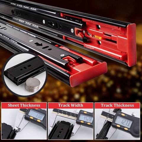 Kick to Open Drawer Slides 10-24 Inch Black Full Extension Side Mount Handleless Foot Tap Open Runners, black steel with red ends
