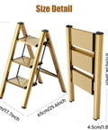 Foldable 3 Step Stool Ladder In Gold Aluminum For Kitchen And Closet Ultra Lightweight With 330 Lb Capacity Anti Slip Wide Pedals Portable For Kids And Adults No Assembly Required Space Saving Design Folded Thickness 1.9 Inches, size detail front and folded view