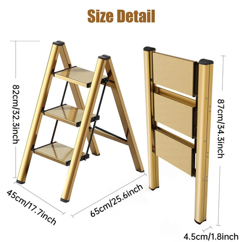 Foldable 3 Step Stool Ladder In Gold Aluminum For Kitchen And Closet Ultra Lightweight With 330 Lb Capacity Anti Slip Wide Pedals Portable For Kids And Adults No Assembly Required Space Saving Design Folded Thickness 1.9 Inches, size detail front and folded view