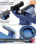 Close-up of Heavy Duty Table Vise With 360 Degree Swivel Top And Built In Anvil, 3.1 Inch Jaw Opening, showing spacer for grip and durability.
