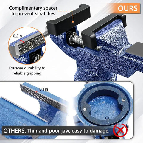 Close-up of Heavy Duty Table Vise With 360 Degree Swivel Top And Built In Anvil, 3.1 Inch Jaw Opening, showing spacer for grip and durability.