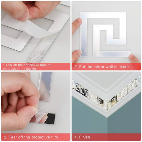 DIY Mirror Stickers 60Pcs Removable Adhesive Wall Decals for Home Office Art Room Bedroom Decor Geometric Greek Key Pattern 3D Reflective