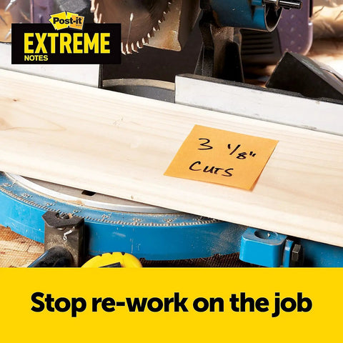 Extreme Adhesive Orange Sticky Notes 3x3 Inches For Rugged Jobsites, 12 Pads Per Pack, shown on woodworking tool.