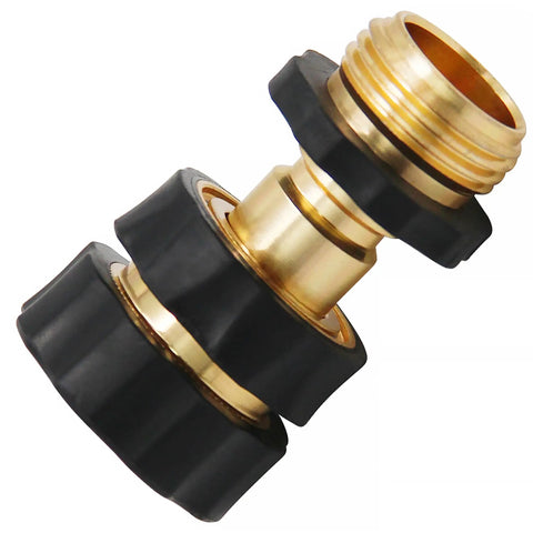 Close-up of the 3/4 Inch Garden Hose Quick Connect Fittings Kit with one male and one female brass adapter in focus.