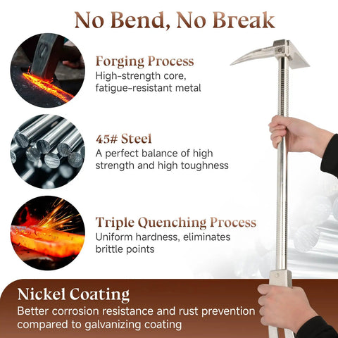 Person holding 30 Inch Halligan Bar For Fire Rescue And Emergency Four In One Tool That Is A Real Workhorse With Pike Duckbill And Recessed Nail Puller with forging and steel process