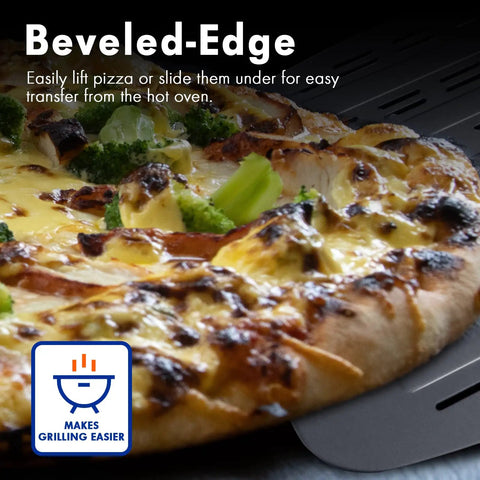 Perforated 12 Inch Metal Pizza Peel With Long Handle Non Stick Aluminum Paddle holding pizza in outdoor oven setting.