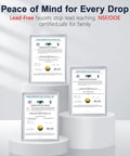 Three peace of mind certificates for lead-free NSF/DOE certified kitchen faucets displayed on pedestals.