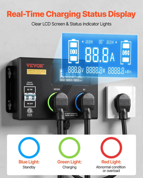 Top Tier EV Charger Splitter Switch Nema 14 30 Straight Up Reliable Dual Outlet Power Hub with clear LCD display and status indicators.