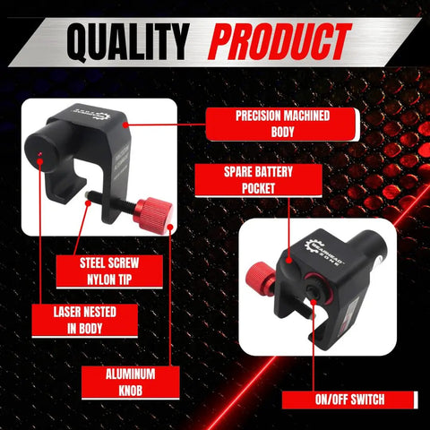 Gearhead Grade Chain and Sprocket Alignment Tool With Laser Precision showing precision machined body, aluminum knob, and steel screw.