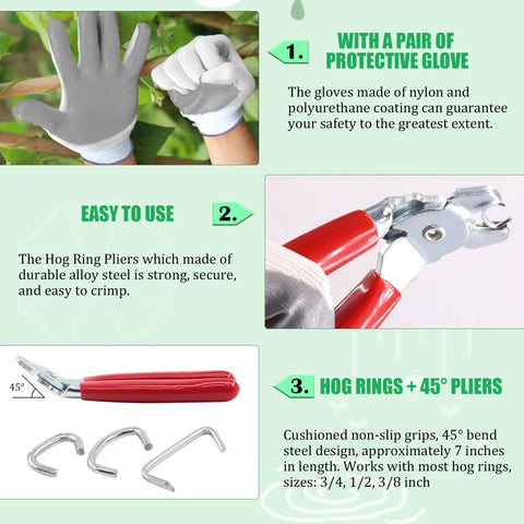Angled Hog Ring Pliers Kit With Galvanized Hog Rings And Gloves, 360 Rings In 3 Sizes 3/8 Inch, 1/2 Inch, And 3/4 Inch; adhesive grip gloves, steel pliers.