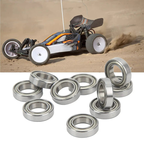 10 Pack RC Ball Bearings Kit For 1 By 10 And 1 By 8 Remote Control Cars, Steel Shielded Bearings in front of RC car on sandy track