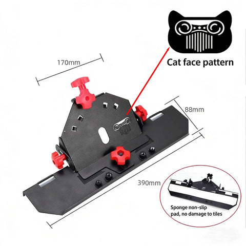 45 Degree Tile Chamfering Tool for Four And One Half Inch And Five Inch Angle Grinders With Red Knobs, shown with cat face pattern and dimensions