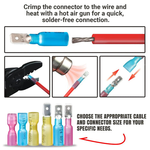 Heat Shrink Spade Connectors Kit 300 Pieces AWG 22 10 Electrical Wire Connectors in use for crimping and heating process