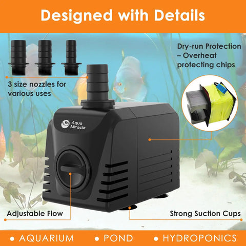 Image of Submersible Water Pump for Aquarium and Pond, Adjustable Flow Control, 400 GPH, 25W, energy efficient design with nozzles.