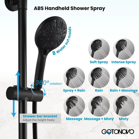 ABS handheld shower with 8 modes on height adjustable slide bar from Thermostatic Shower System With 8 Inch Round Shower Head Exposed Shower Faucet Wall Mount Height Adjustable Slide Bar ABS Handheld Sprayer No Tub Spout Polished Chrome