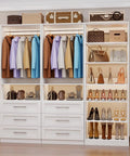 Heavy Duty Modular Closet System For Walk In Spaces Six To Fifteen Feet With Six Drawers Eight Shelves And Five Hanging Rods Flexible Roomy Storage Solution White Finish showcasing coats, shoes, and accessories.