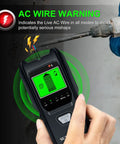 5 In 1 Stud Finder Wall Scanner with Audio Alarm and HD LCD Display detecting live AC wire near drill.