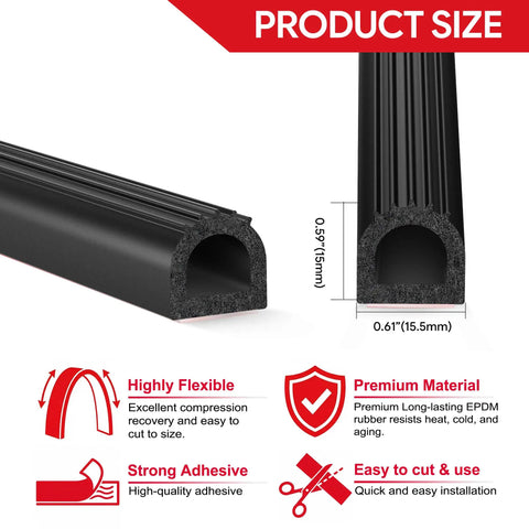 Cross-section of EPDM Rubber D Shaped Weather Stripping 26Ft RV Door Seal With Strong Self Adhesive showing flexibility and adhesive