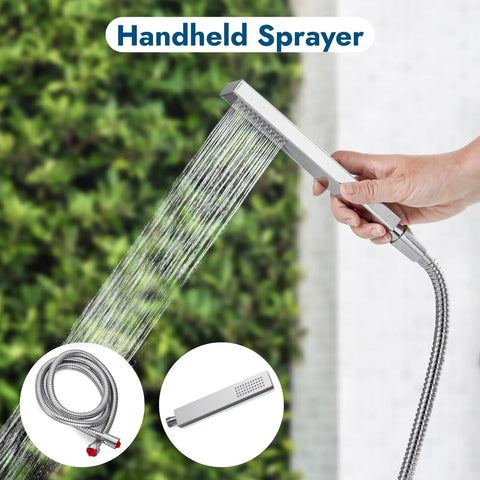 Wall Mount Outdoor Shower Kit With Chrome Rainfall Head And Handheld Spray, Double Cross Handles, Adjustable Slide Bar