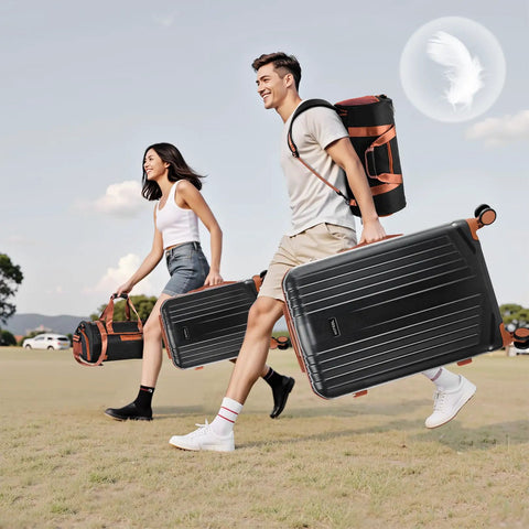 Couple carrying 3 Piece Travel Luggage Set With Lightweight Hardshell Suitcases And Dual Spinner Wheels TSA Locks 20 Inch Carry On