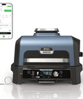 Woodfire Pro Connect Deluxe XL Backyard Grill and Smoker With Bluetooth App Control in black and blue with display and phone app