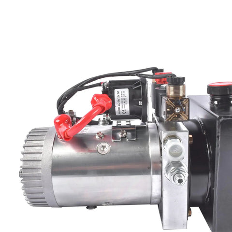 Beefed-Up 4 Quart Hydraulic Power Unit with 12V DC Motor, 1.6-3.0KW, 3200 PSI Output, side view, metal components visible