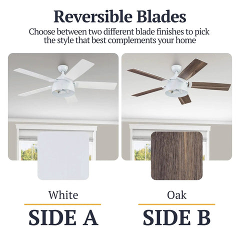 Octavia 52 Inch Industrial Style LED Ceiling Fan with reversible white and oak blades in a living room setting.