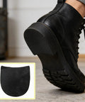 Two Pack Self Adhesive Rubber Heel Patches For Boots And Dress Shoes shown on black boot heel with inset image of patch